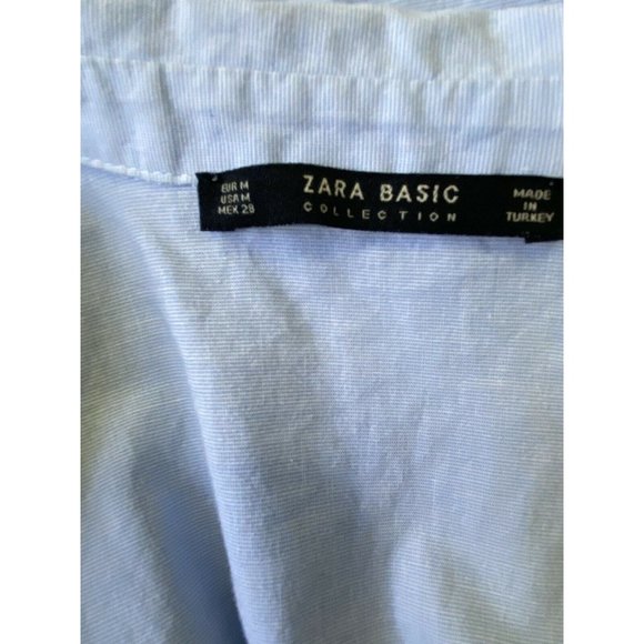 Zara Womens Shirt Maxi Duster Medium Blue Embroidered Floral Collared Tie Front - Picture 8 of 12